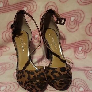 Jessica Simpson Leopard Print Peep-Toe Ankle Strap Heels - Brown/Black